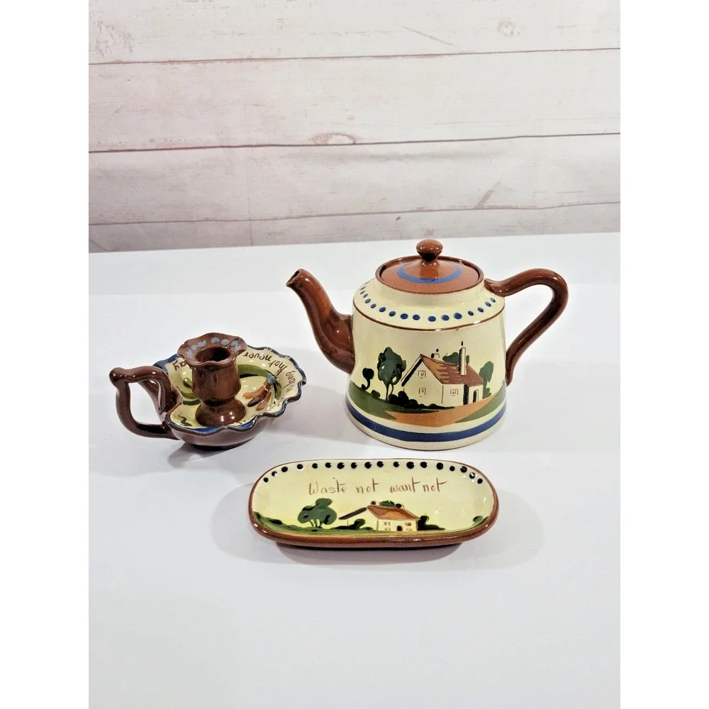 Watcombe Pottery Set Teapot Candle Holder Tray Motto Ware Torquay England